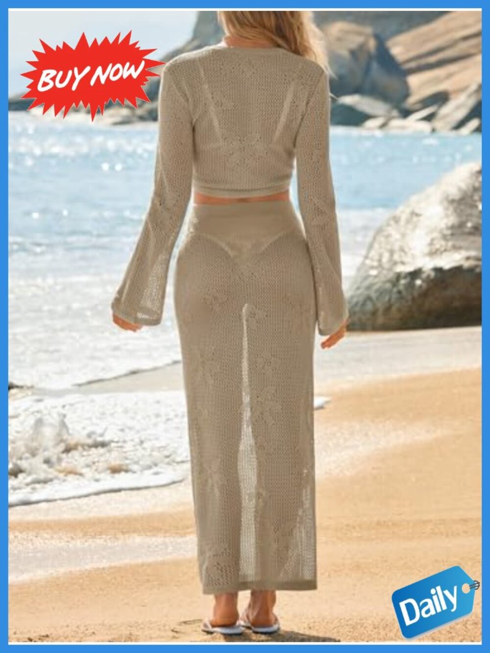 Womens Crochet Swimsuit Cover Up 2 Piece Beach Set Long Sleeve Boho Knit - Picture 4 of 5